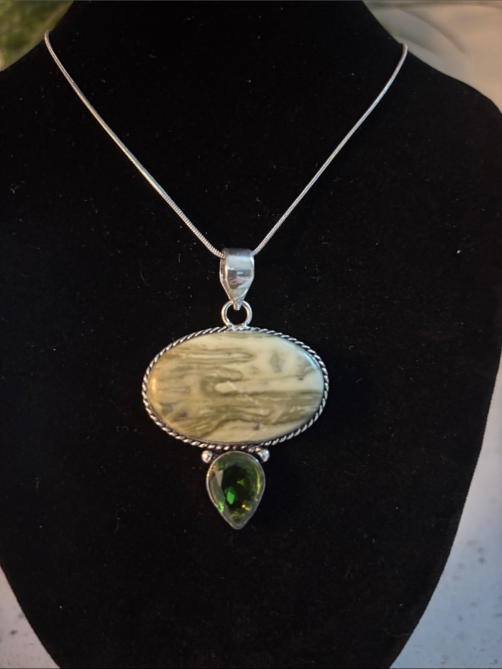 Sterling Silver Larsonite Jasper & Peridot Gemstone Pendant Necklace